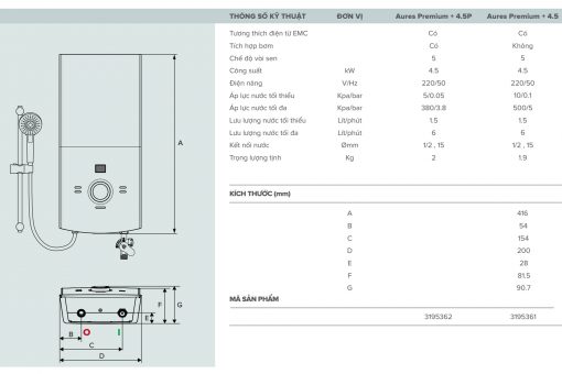 Bản vẽ kỹ thuật ARISTON AURES PREMIUM+ 4.5P - Máy nước nóng trực tiếp có bơm 4500w